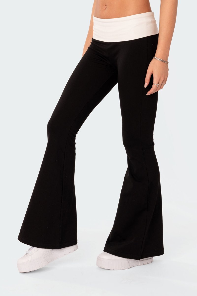 Edikted Contrast Fold Over Flared Leggings Pants Black And White | USA FP117681N6
