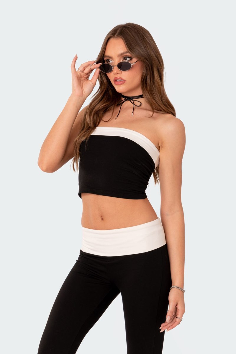 Edikted Contrast Fold Over Tube Crop Tops Black And White | USA SK181218C2