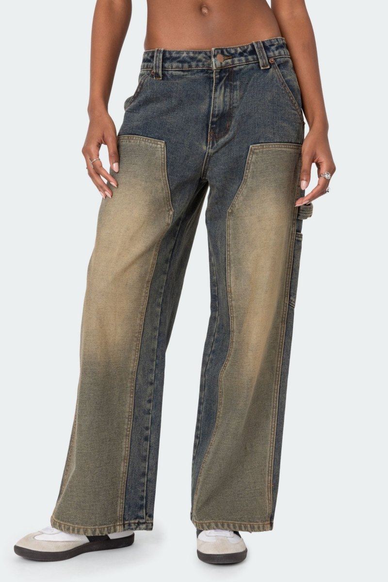 Edikted Contrast Panel Low Rise Washed Jeans Blue Washed | USA AD752945X1
