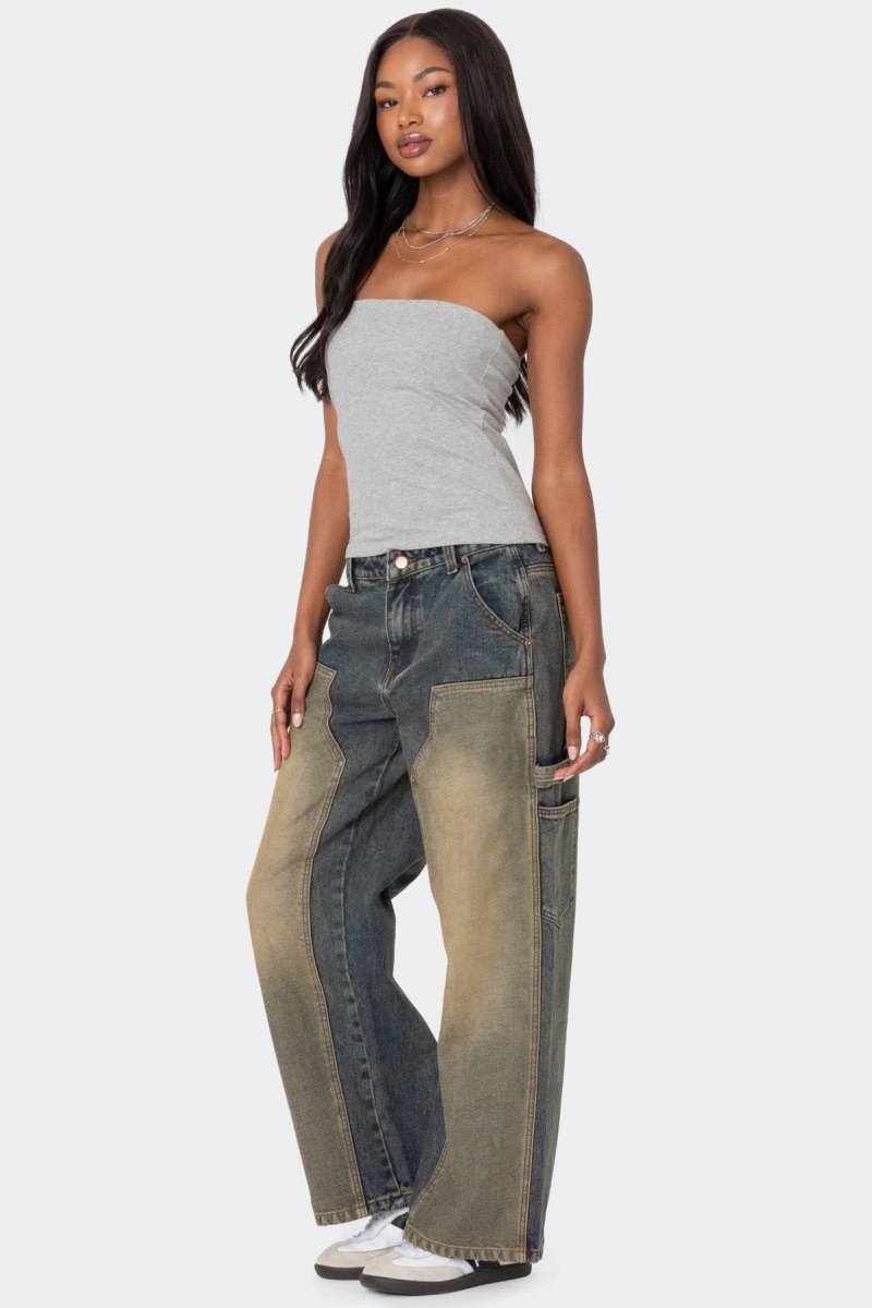 Edikted Contrast Panel Low Rise Washed Jeans Blue Washed | USA AD752945X1