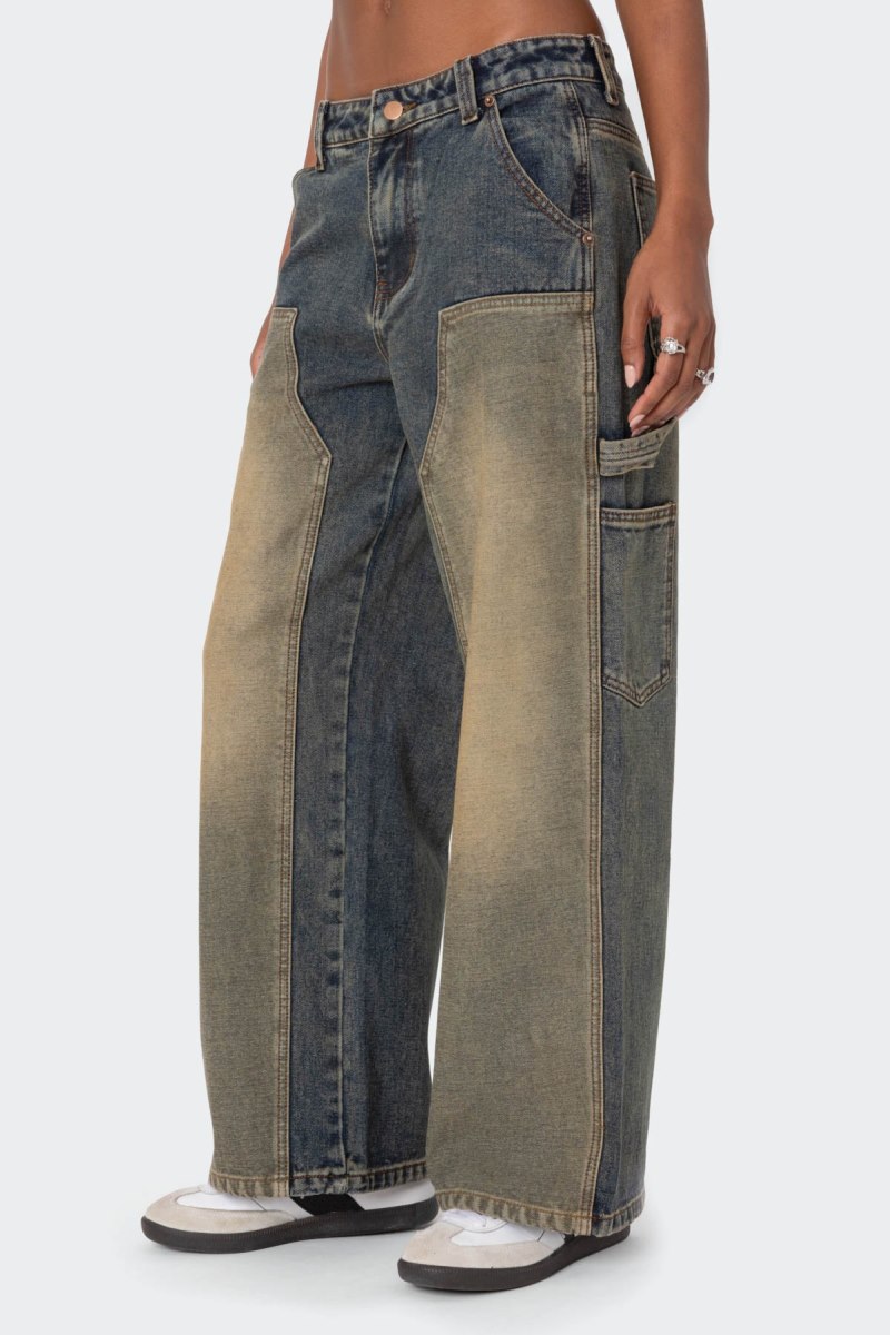 Edikted Contrast Panel Low Rise Washed Jeans Blue Washed | USA AD752945X1