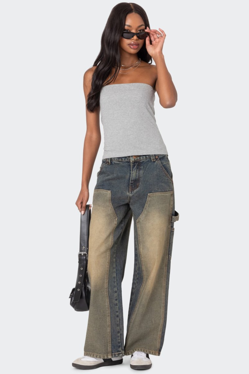Edikted Contrast Panel Low Rise Washed Jeans Blue Washed | USA AD752945X1