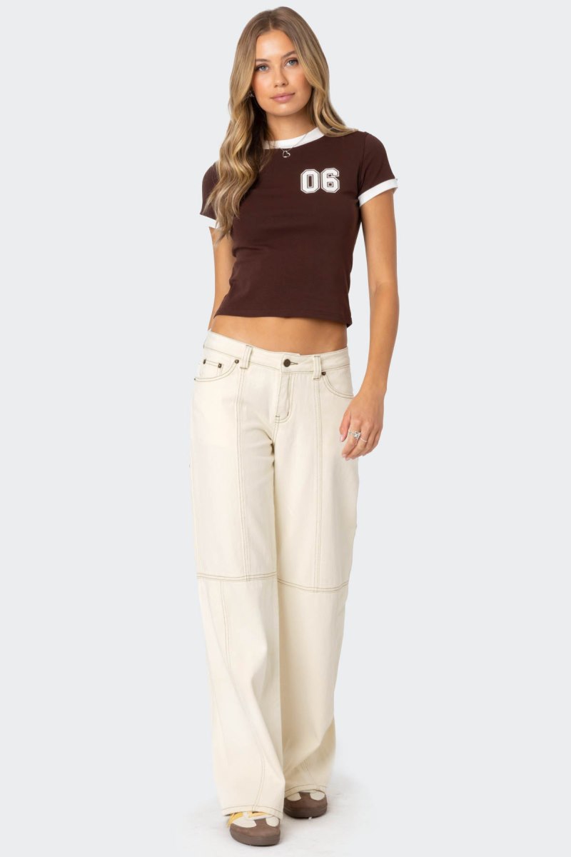 Edikted Contrast Stitch Low Rise Jeans Cream | USA AU903110B7