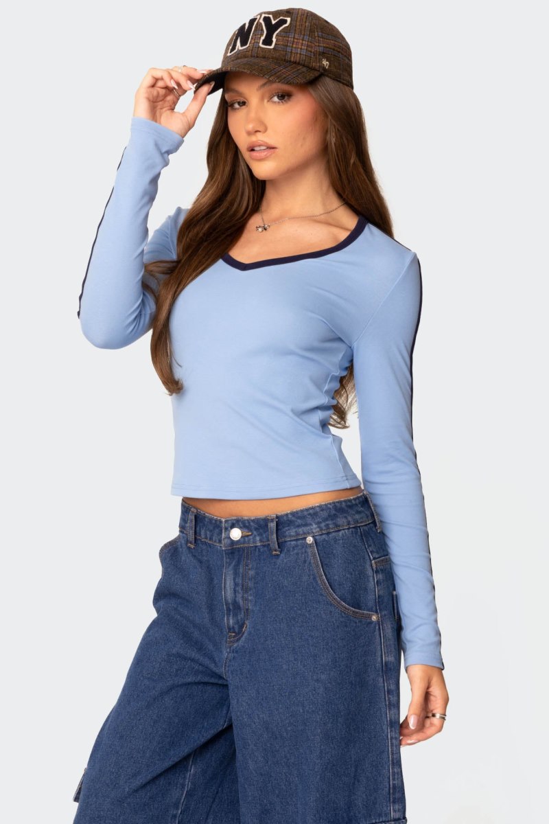 Edikted Contrast V Neck Long Sleeve T Shirts Light Blue | USA IU180888W8