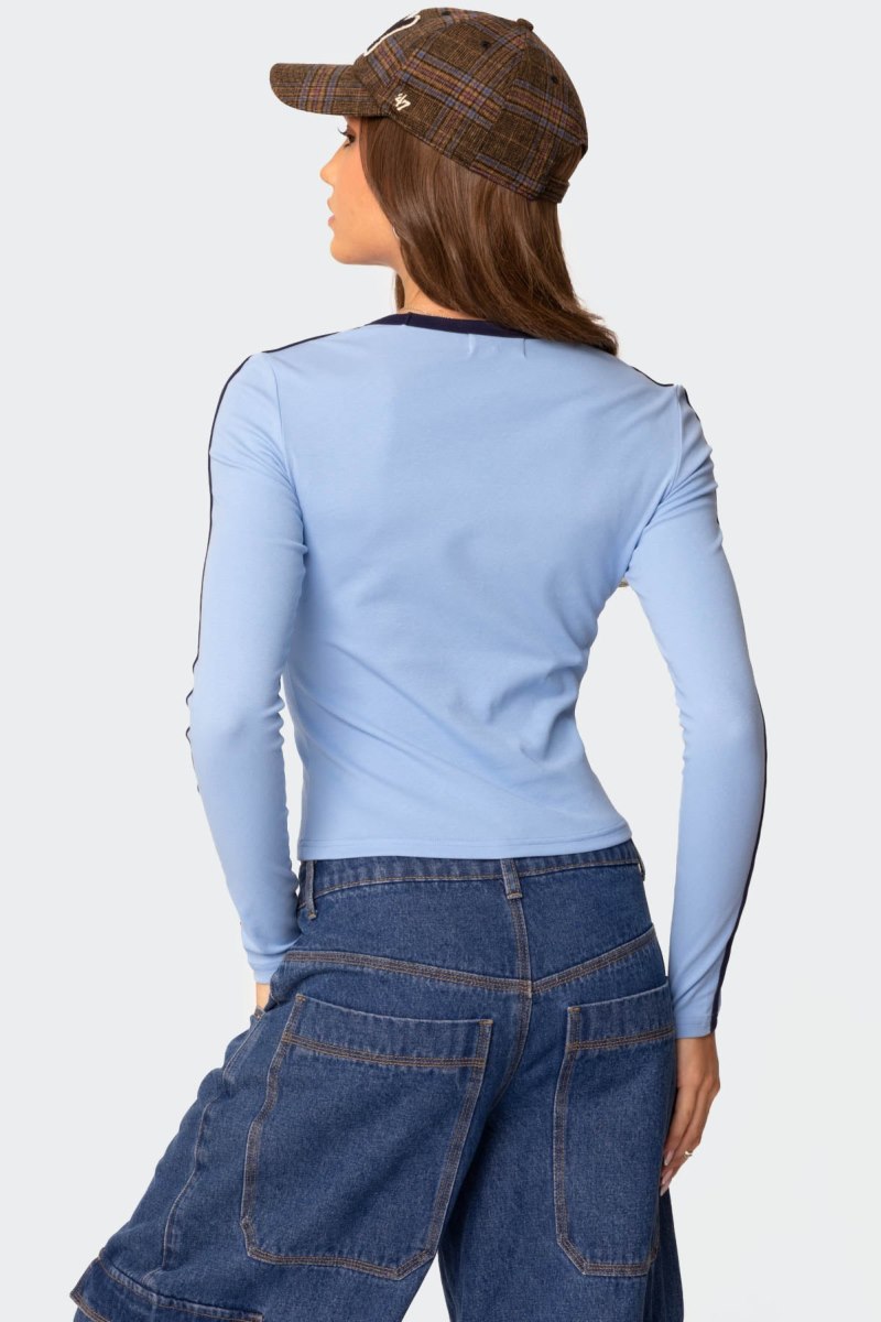 Edikted Contrast V Neck Long Sleeve Tops Light Blue | USA MX632223V6