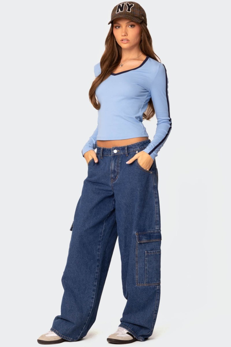 Edikted Contrast V Neck Long Sleeve Tops Light Blue | USA MX632223V6