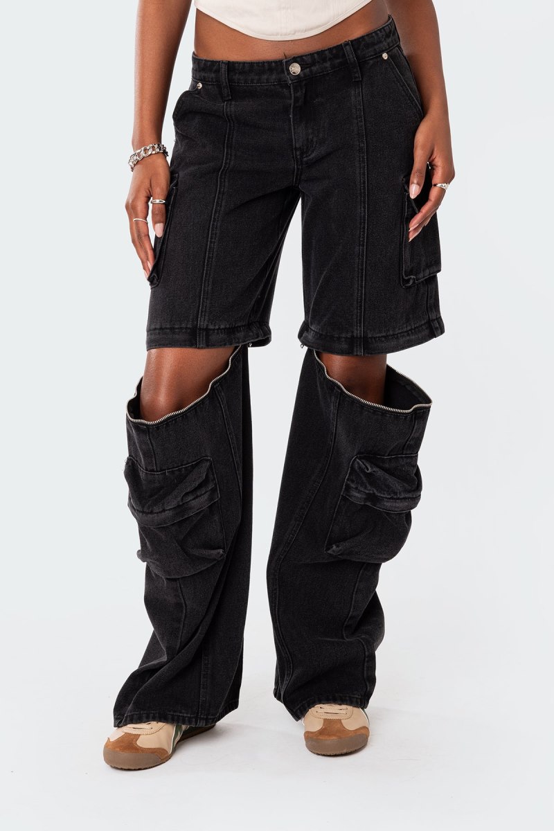 Edikted Convertible Two Piece Denim Cargo Pants Jeans Black Washed | USA XW512491V7