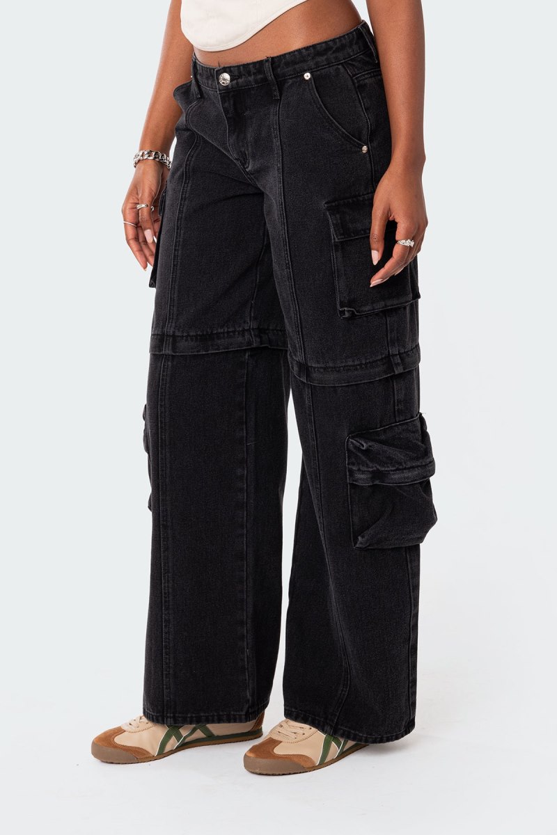 Edikted Convertible Two Piece Denim Cargo Pants Black Washed | USA VR201410Z2