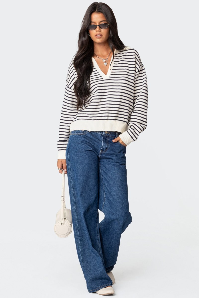 Edikted Copenhagen Oversized Striped Sweater Navy And Cream | USA WU492459F7