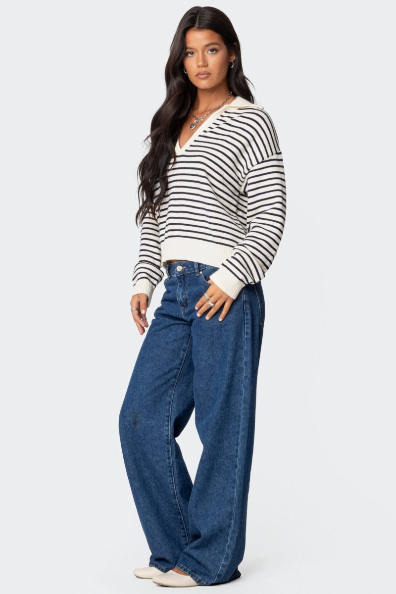 Edikted Copenhagen Oversized Striped Sweater Navy And Cream | USA WU492459F7