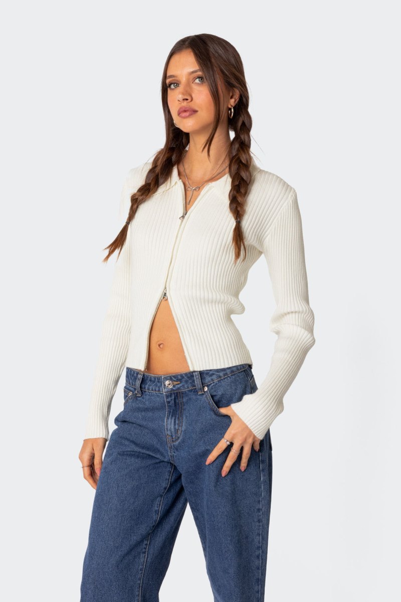 Edikted Cora Knitted Zip Up Cardigan Long Sleeve Tops Cream | USA JK432993J0