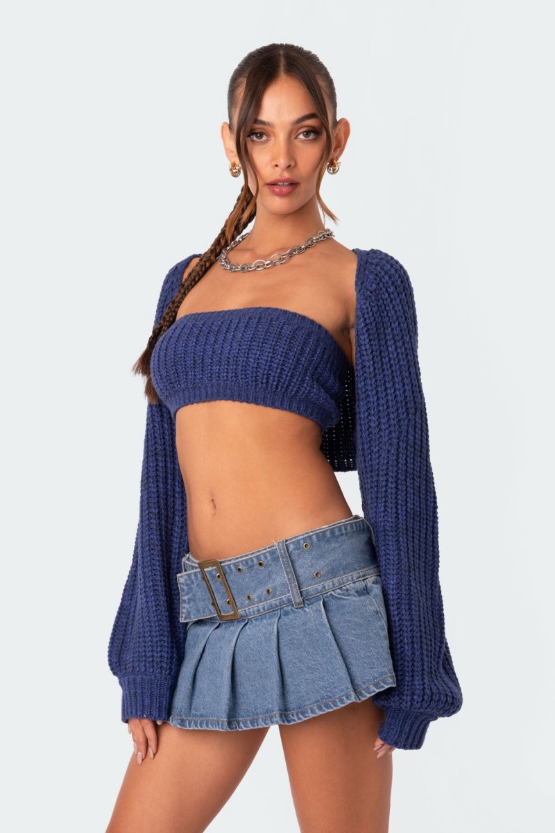 Edikted Cori Two Piece Knitted Bandeau Crop Tops Blue | USA OJ671817D2