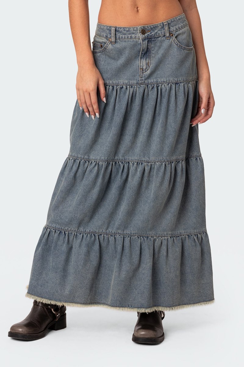 Edikted Countryside Tiered Washed Denim Maxi Skirts Blue | USA ZG969176P0