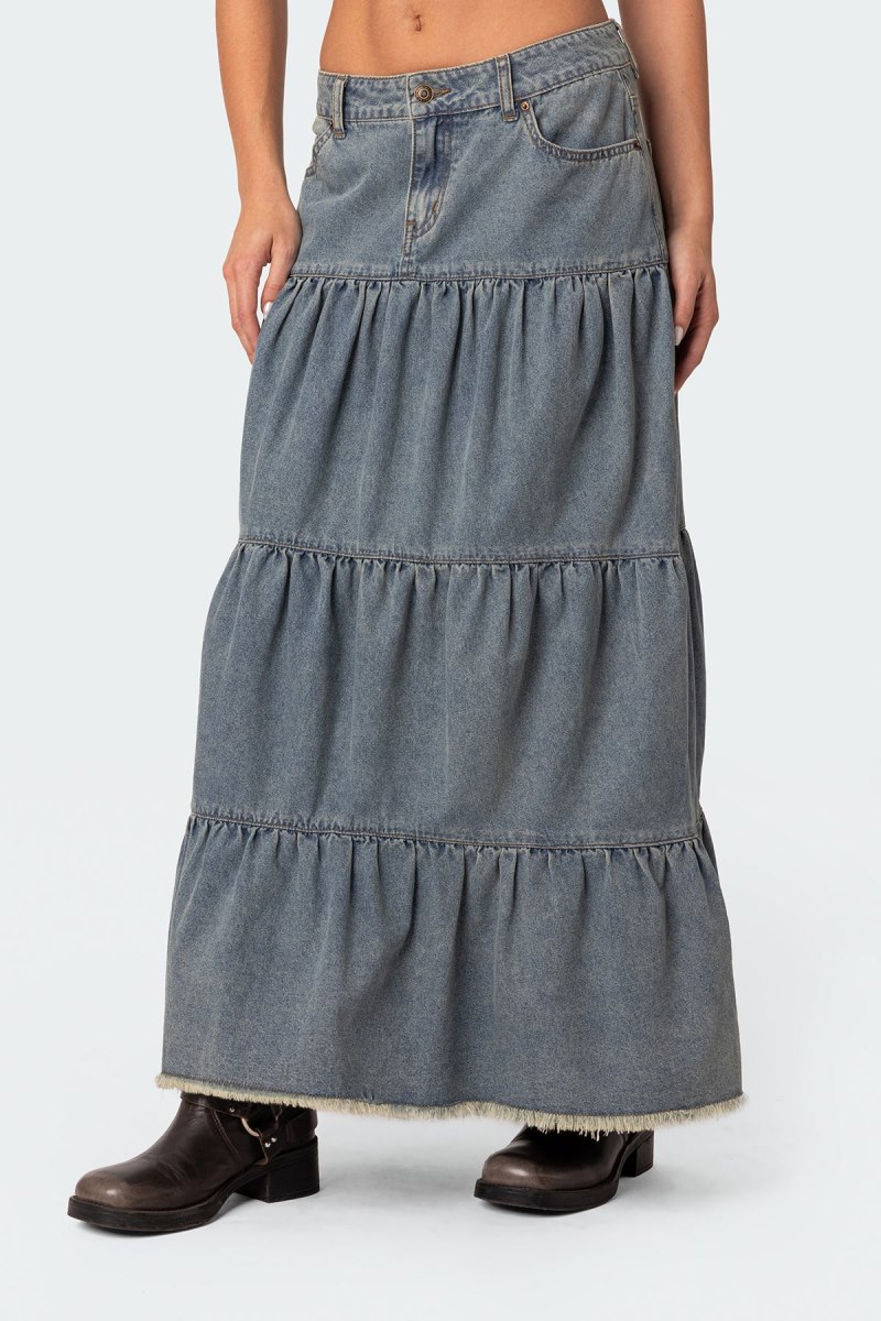 Edikted Countryside Tiered Washed Denim Maxi Skirts Blue | USA ZG969176P0