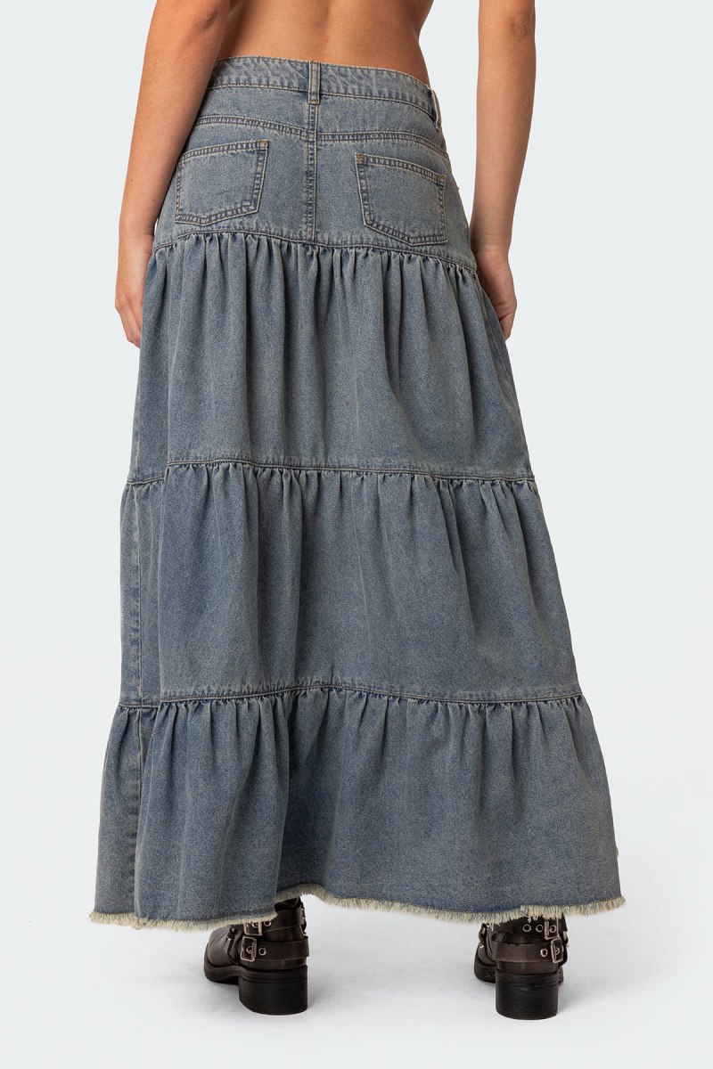 Edikted Countryside Tiered Washed Denim Maxi Skirts Blue | USA ZG969176P0