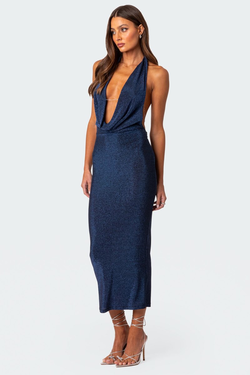 Edikted Cowl Neck Open Back Maxi Dress Maxi Dress Navy | USA ZT738483C3