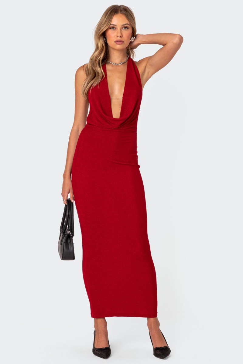 Edikted Cowl Neck Open Back Maxi Dress Maxi Dress Navy | USA BX049104B2