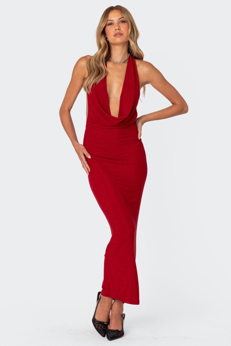 Edikted Cowl Neck Open Back Maxi Dress Maxi Dress Navy | USA BX049104B2