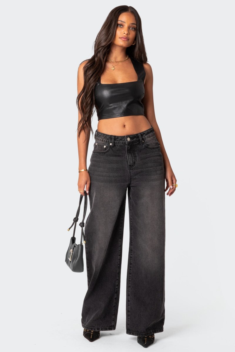 Edikted Crescent Faux Leather Crop Tops Black | USA UG908150S6
