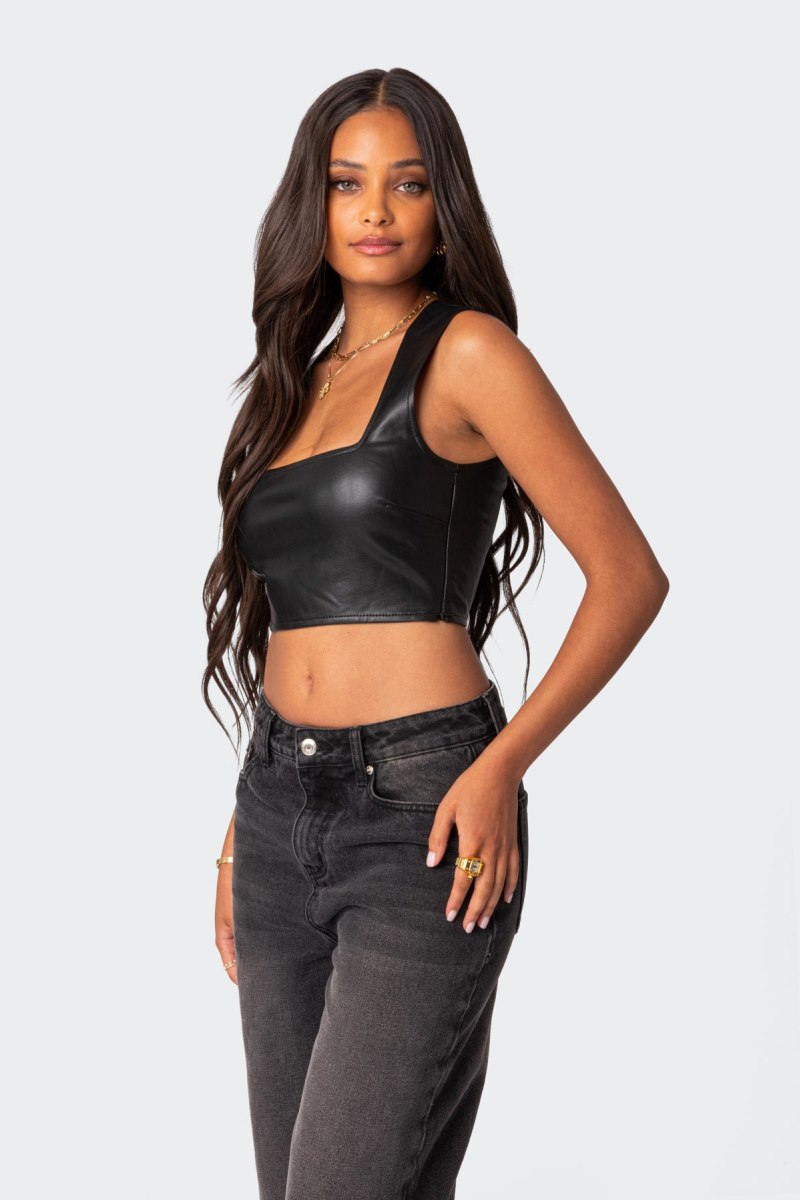 Edikted Crescent Faux Leather Crop Tops Black | USA UG908150S6