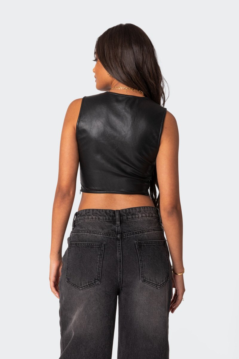 Edikted Crescent Faux Leather Crop Tops Black | USA UG908150S6