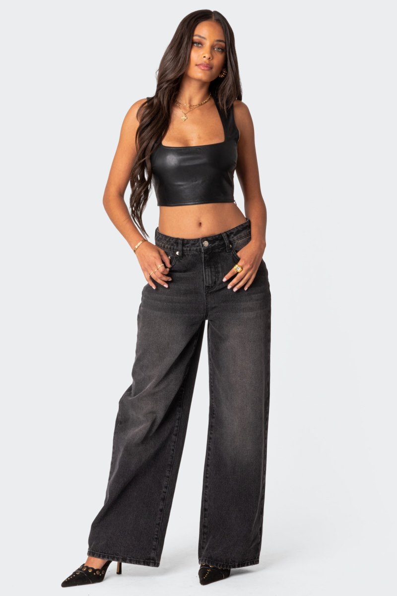 Edikted Crescent Faux Leather Crop Tops Black | USA UG908150S6