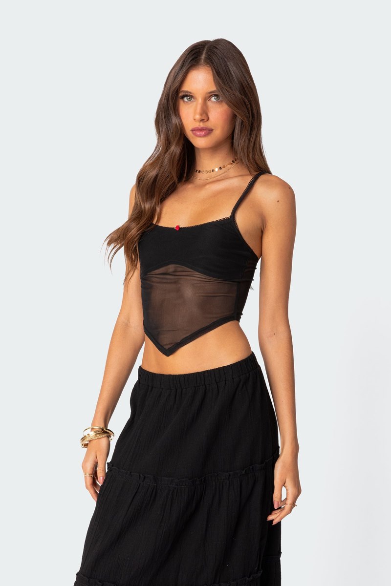 Edikted Cressida Sheer Mesh Tank Crop Tops Black | USA JW123662M5
