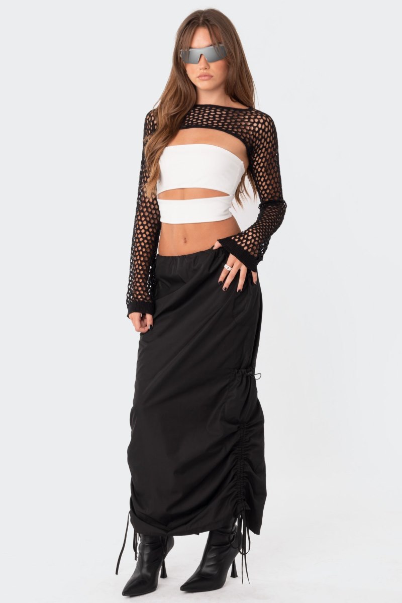 Edikted Crochet Shrug Sleeve Crop Tops Black | USA ST361476F7