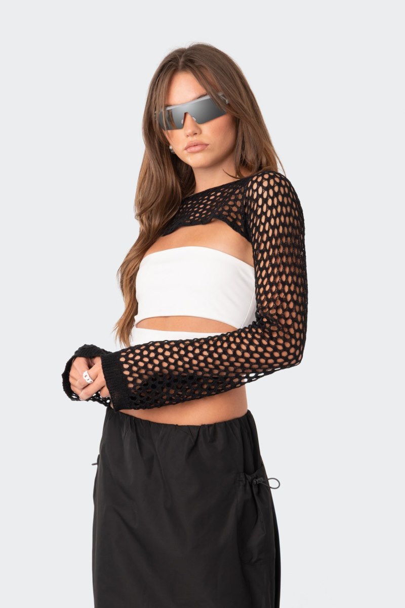 Edikted Crochet Shrug Sleeve Long Sleeve Tops Black | USA PR006760H8