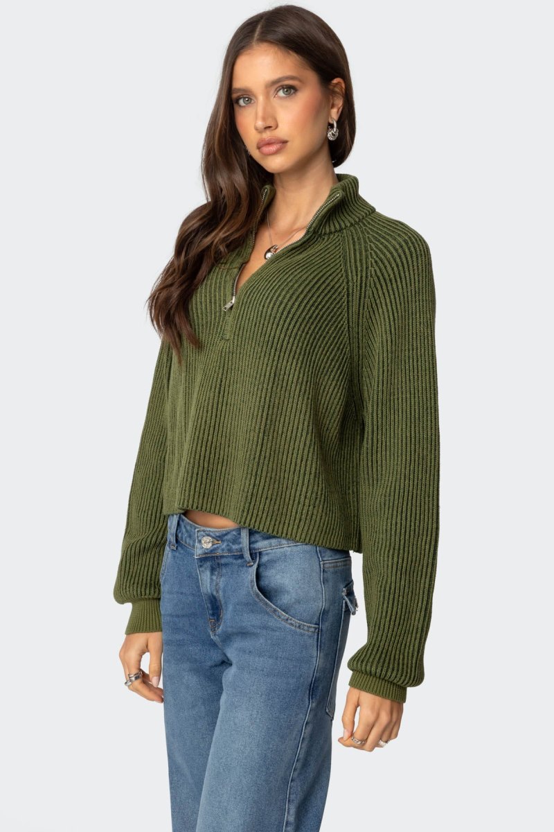 Edikted Cropped Rib Knit Half Zip Sweater Olive | USA FR312331C8