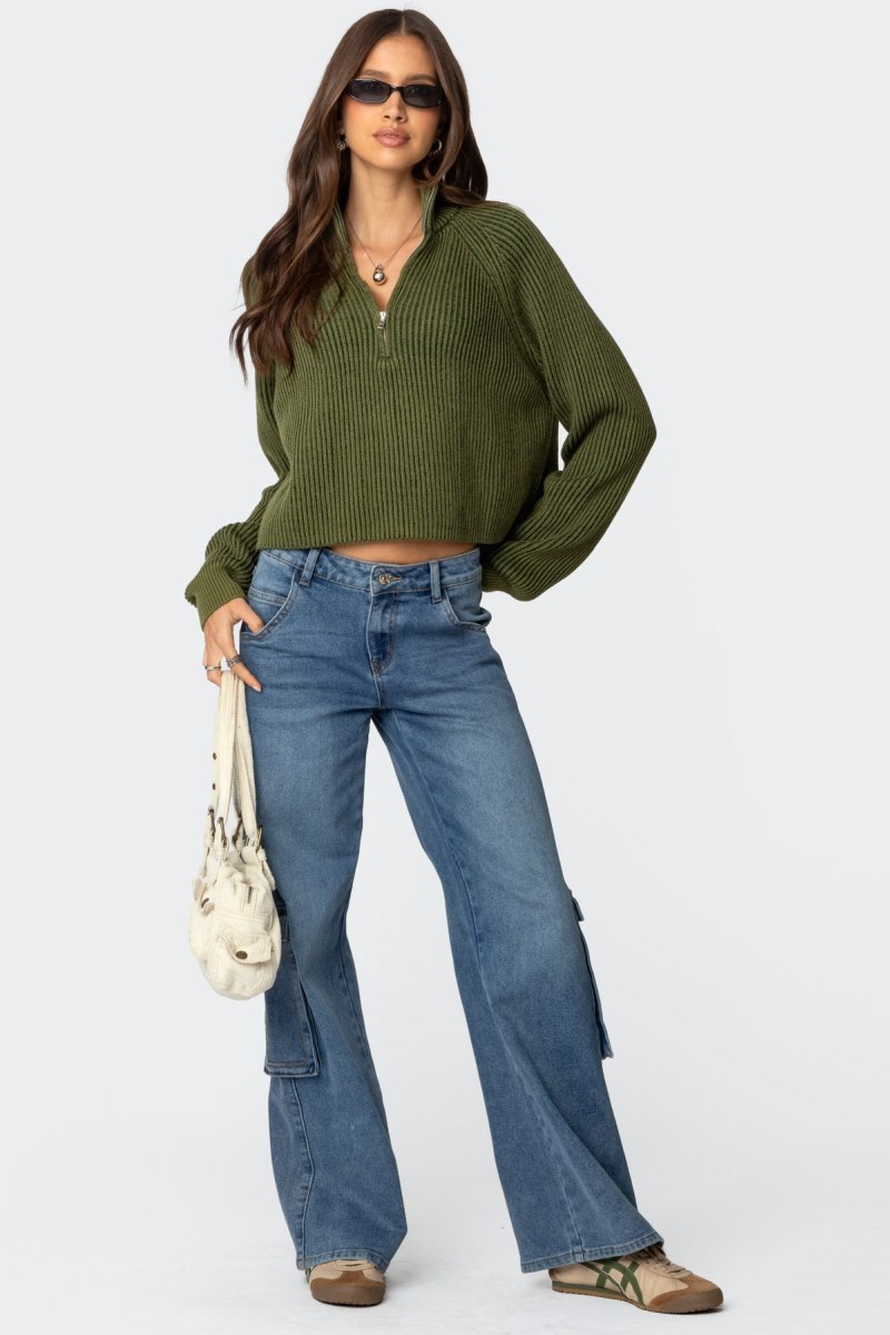 Edikted Cropped Rib Knit Half Zip Sweater Olive | USA FR312331C8