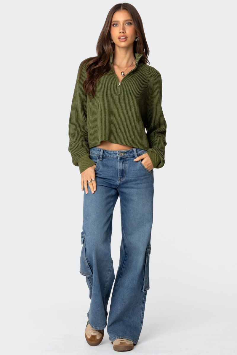 Edikted Cropped Rib Knit Half Zip Sweater Crop Tops Olive | USA QB642344T2