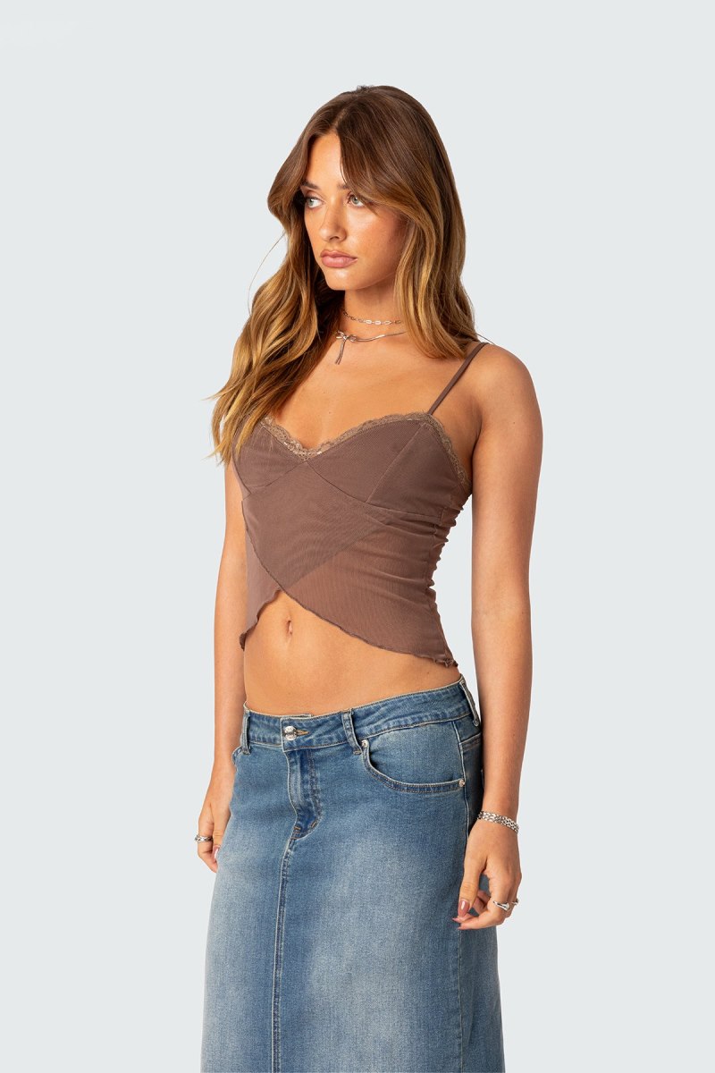 Edikted Crossover Mesh Tank Crop Tops Brown | USA OK878747L7