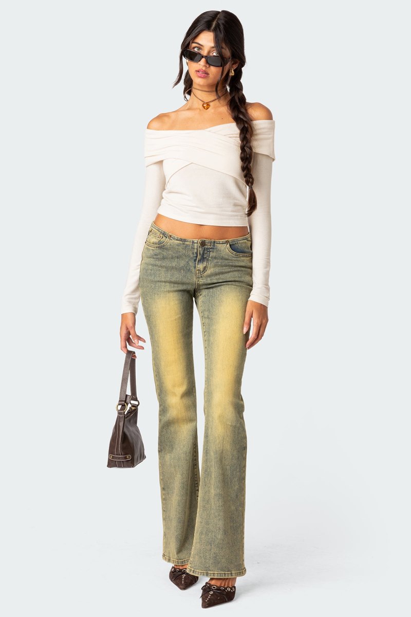 Edikted Crossover Off Shoulder Long Sleeve Tops Cream | USA CK410281B4
