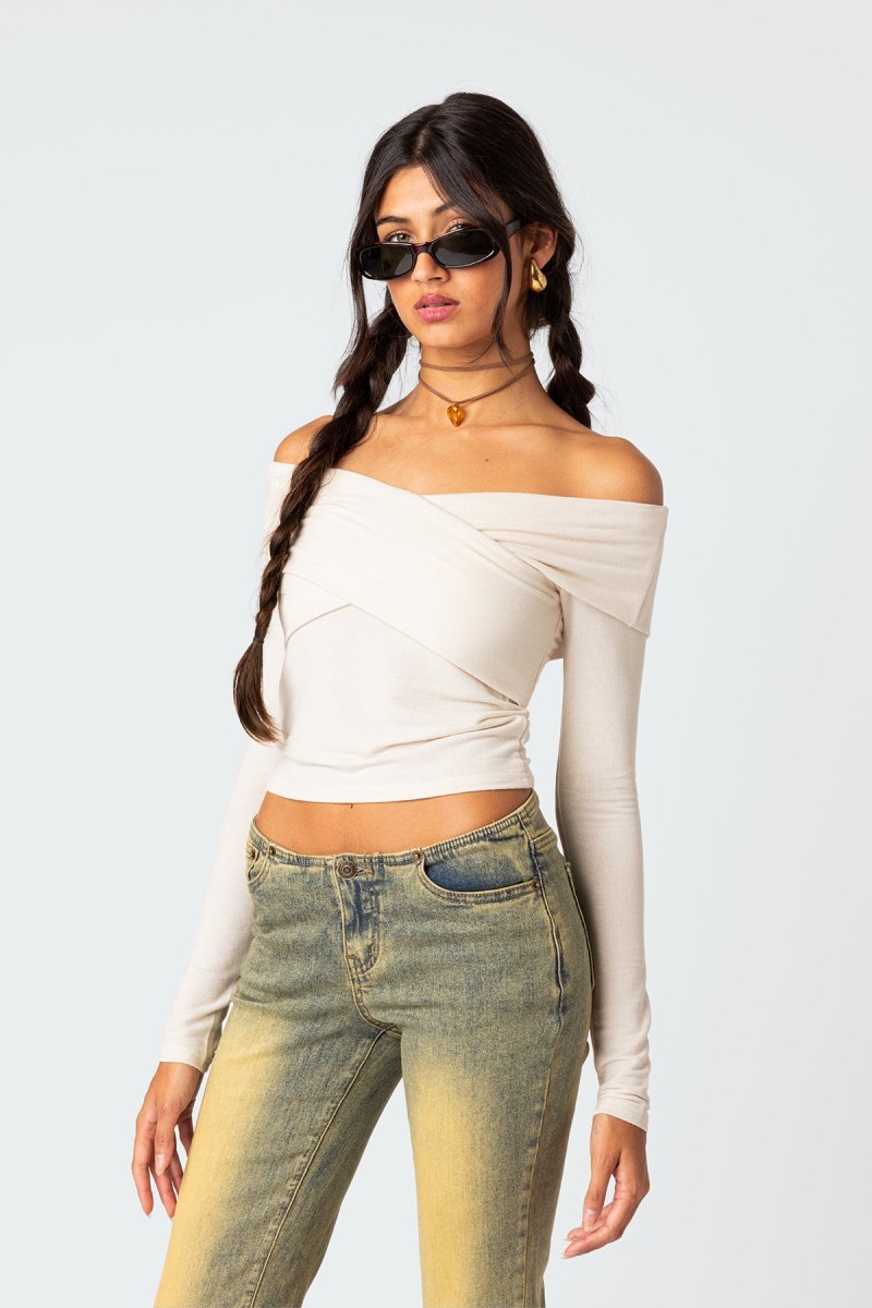 Edikted Crossover Off Shoulder Long Sleeve Tops Cream | USA CK410281B4