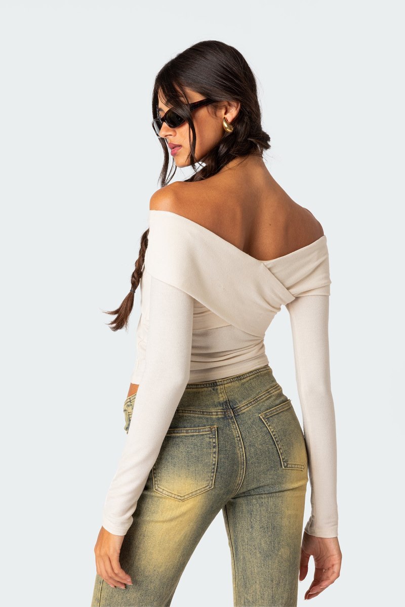 Edikted Crossover Off Shoulder Long Sleeve Tops Cream | USA CK410281B4