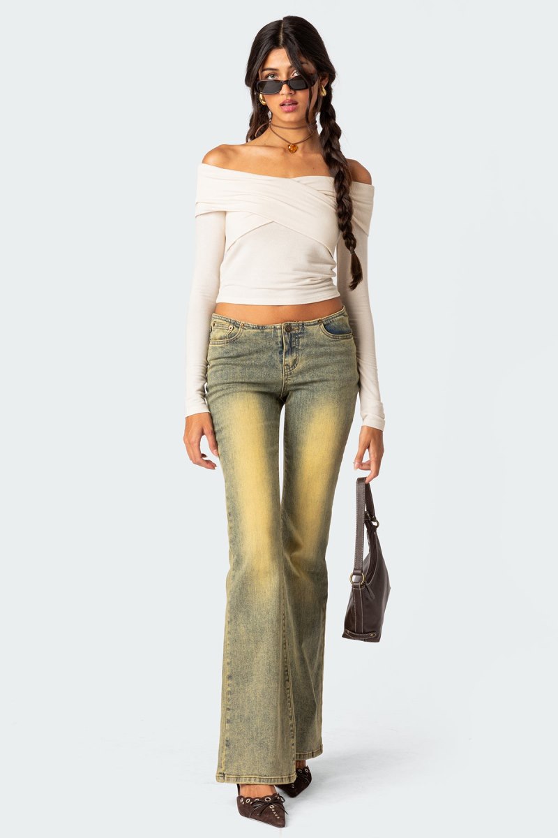 Edikted Crossover Off Shoulder Long Sleeve Tops Cream | USA CK410281B4