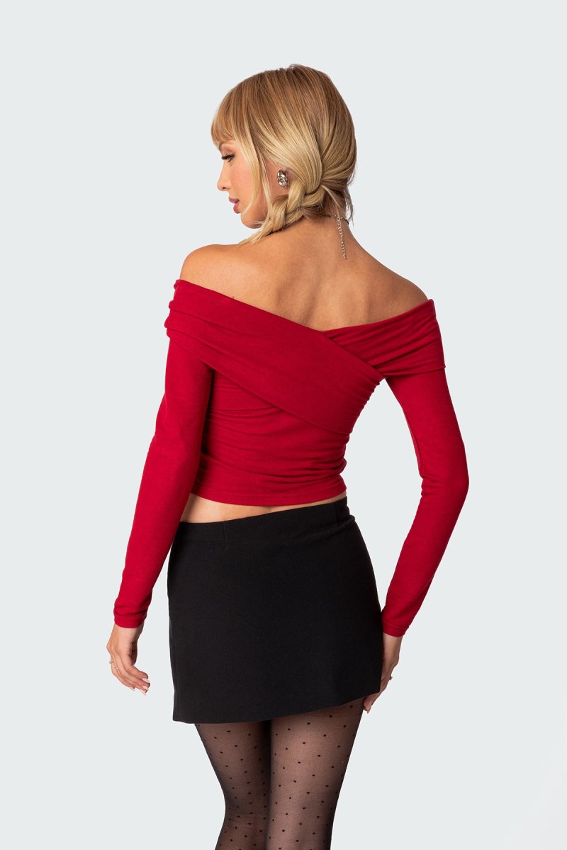 Edikted Crossover Off Shoulder Long Sleeve Tops Cream | USA DU372667H6