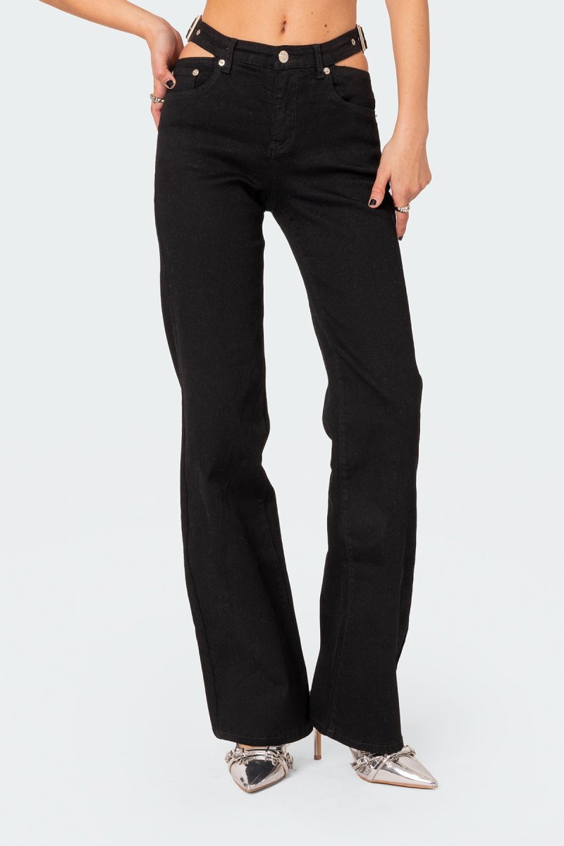 Edikted Cut Out Belt Low Rise Flared Jeans Black | USA DE755445P8