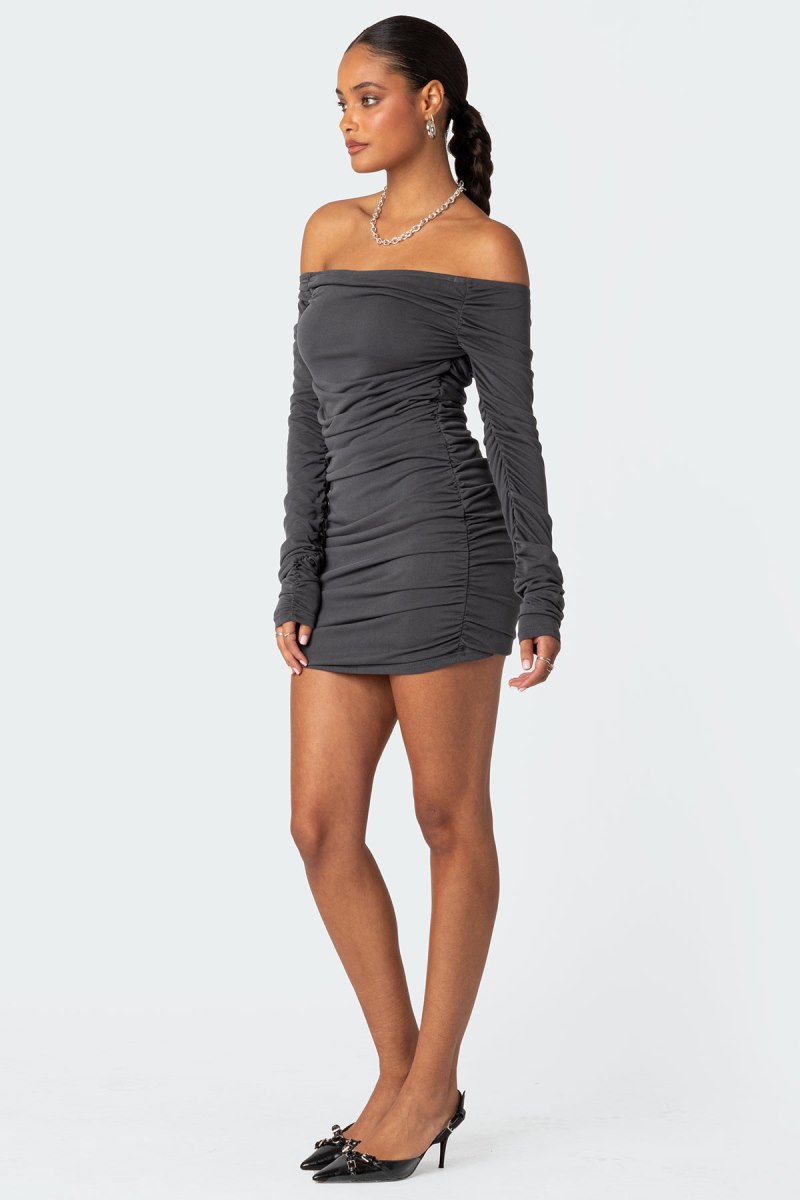 Edikted Cyra Ruched Mini Long Sleeve Dress Gray | USA YT803900H4