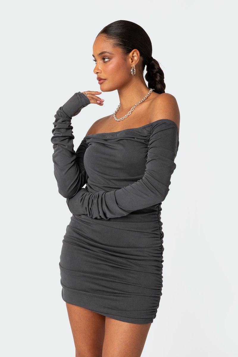 Edikted Cyra Ruched Mini Long Sleeve Dress Gray | USA YT803900H4