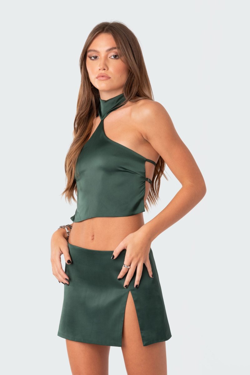 Edikted Daina Satin Open-Back Crop Tops Black | USA WH903180F4