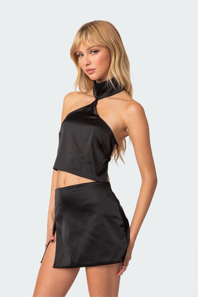 Edikted Daina Satin Open-Back Crop Tops Black | USA LX244144S7