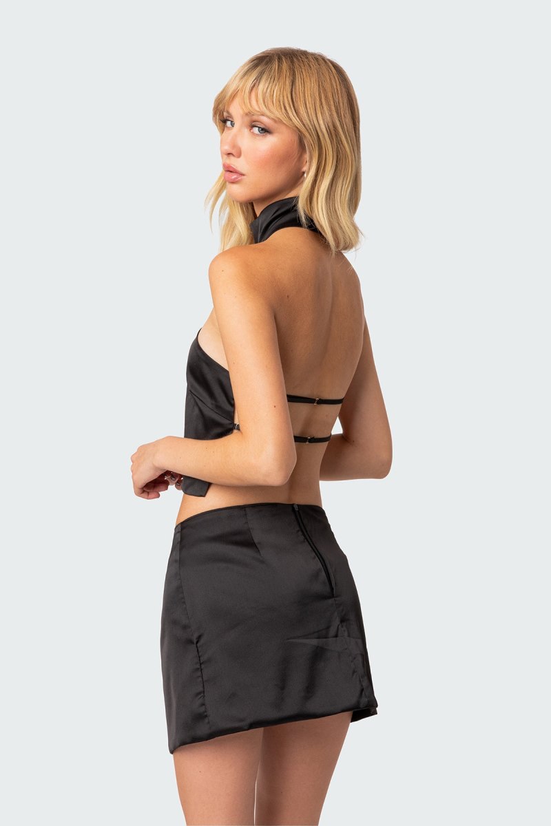 Edikted Daina Satin Open-Back Crop Tops Black | USA LX244144S7