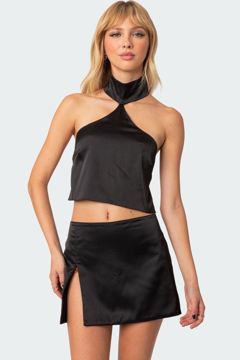 Edikted Daina Satin Open-Back Crop Tops Black | USA LX244144S7
