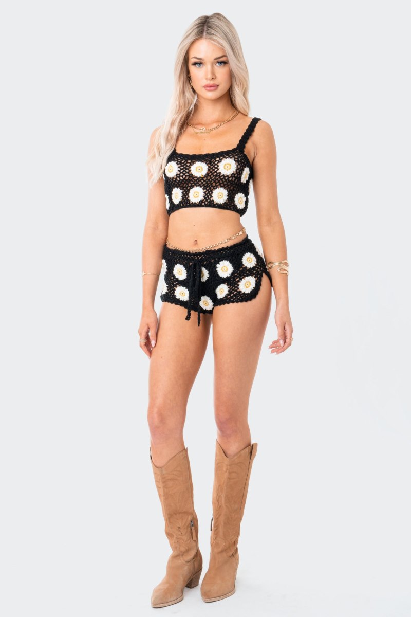 Edikted Daisy Crochet Crop Knitted Tops Black | USA QB864116I0