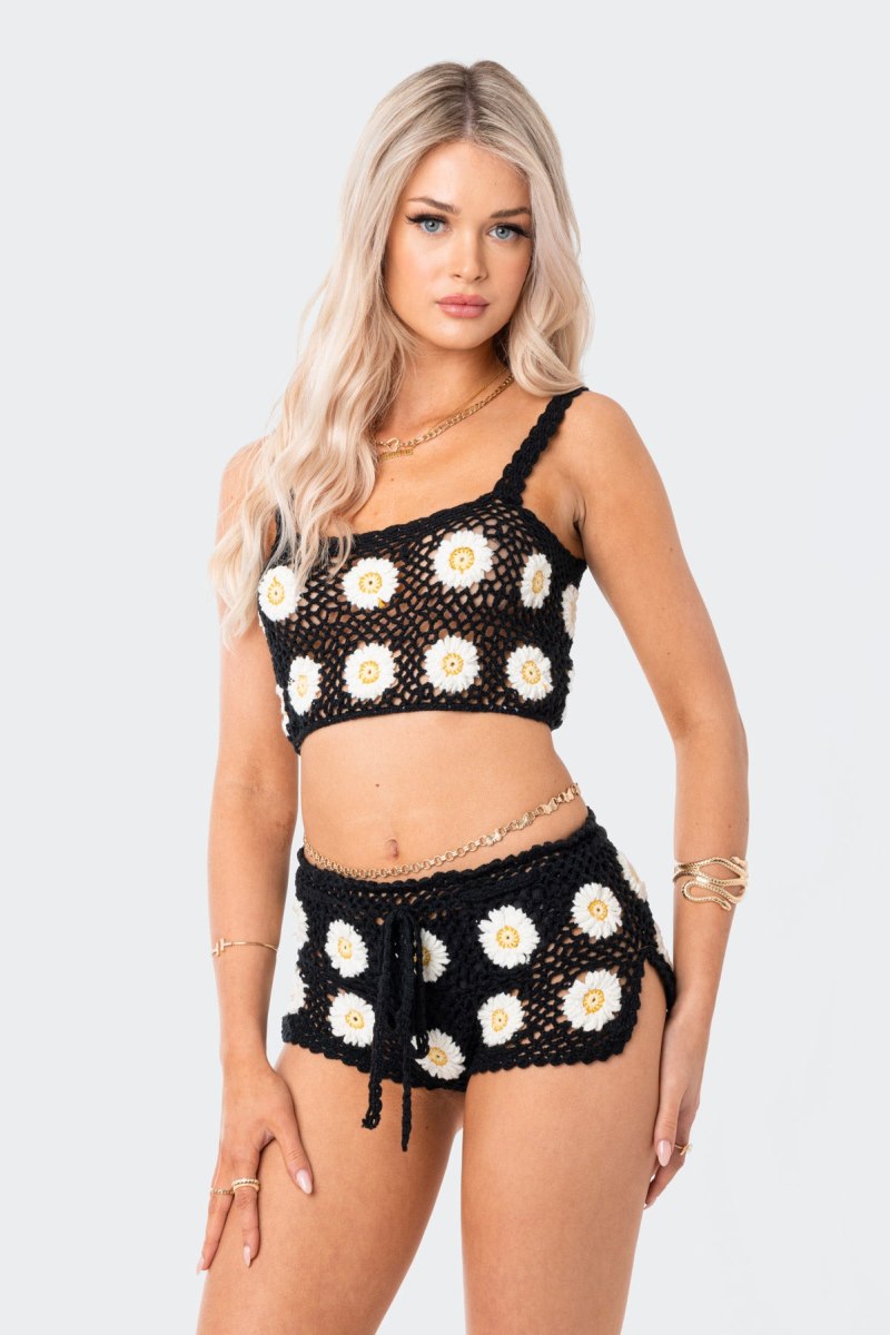 Edikted Daisy Crochet Crop Knitted Tops Black | USA QB864116I0