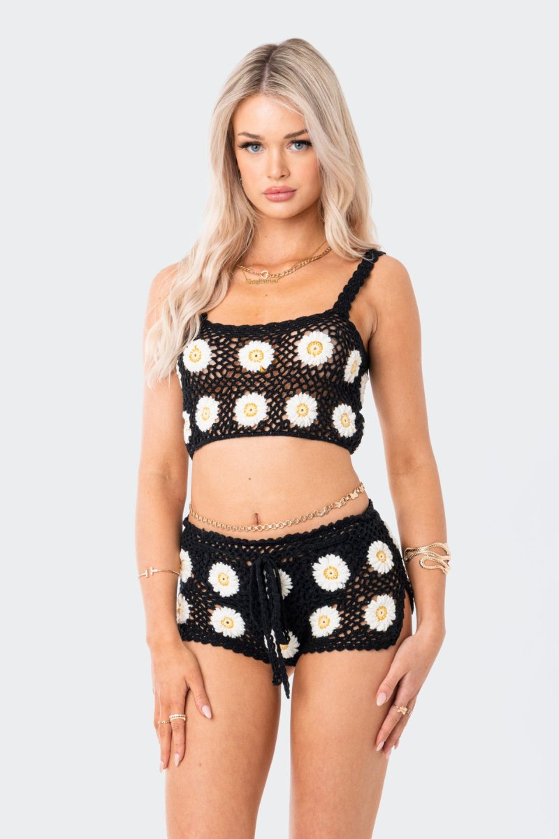 Edikted Daisy Crochet Crop Knitted Tops Black | USA QB864116I0