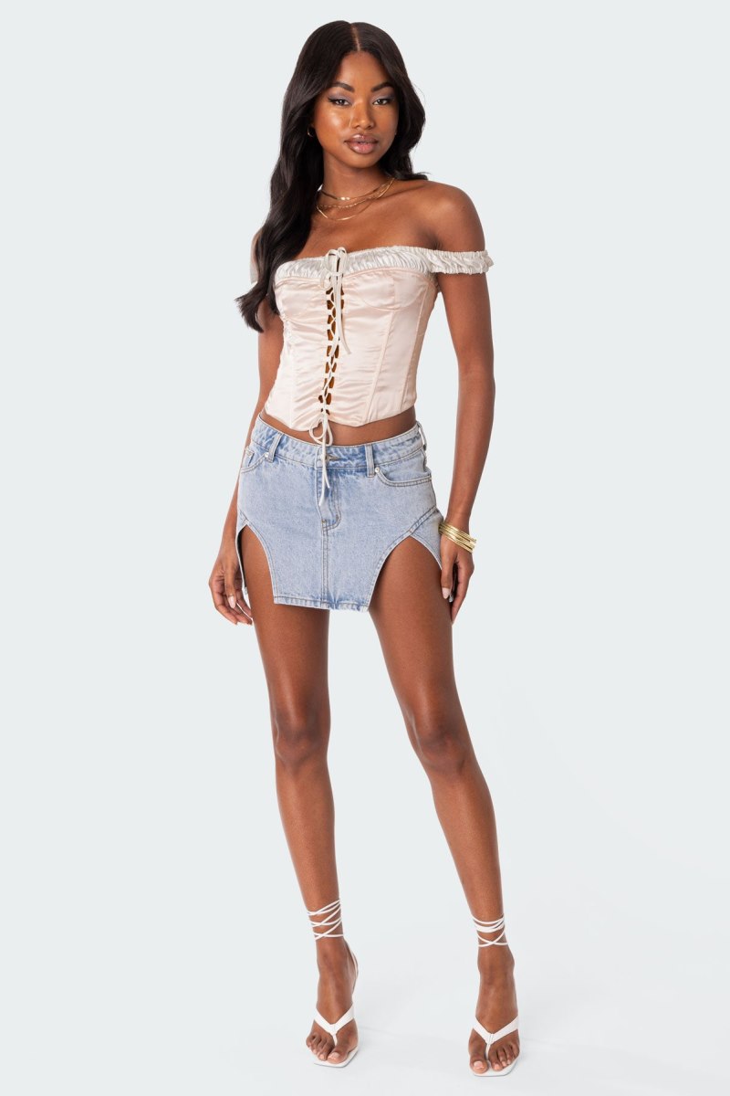 Edikted Damsel Off Shoulder Lace Up Satin Corset Cream | USA NF166536E0