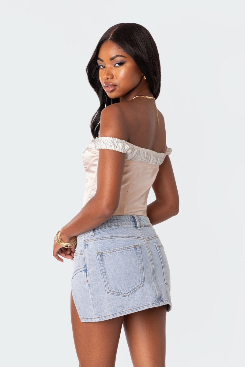Edikted Damsel Off Shoulder Lace Up Satin Corset Cream | USA NF166536E0